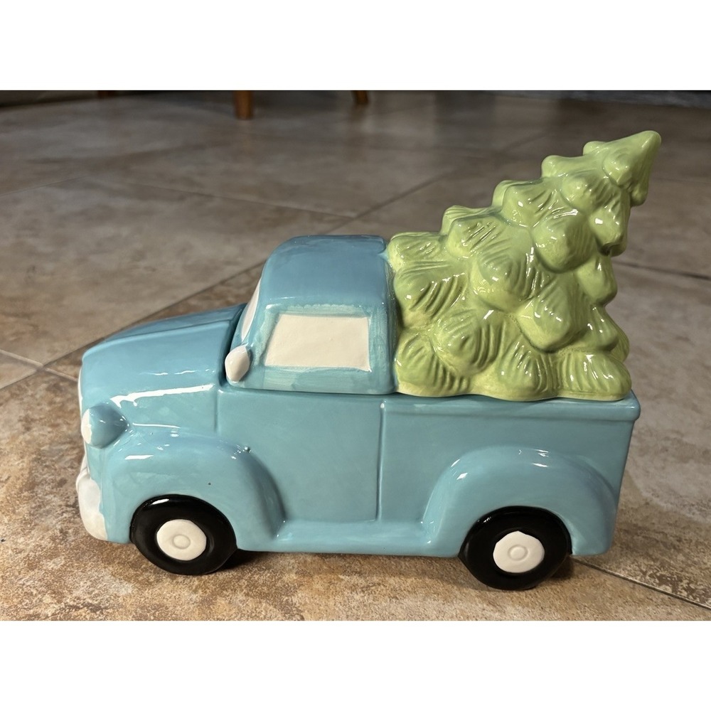 Robert Stanley Christmas Tree Blue Vintage Pickup Truck Ceramic Cookie Jar Decor